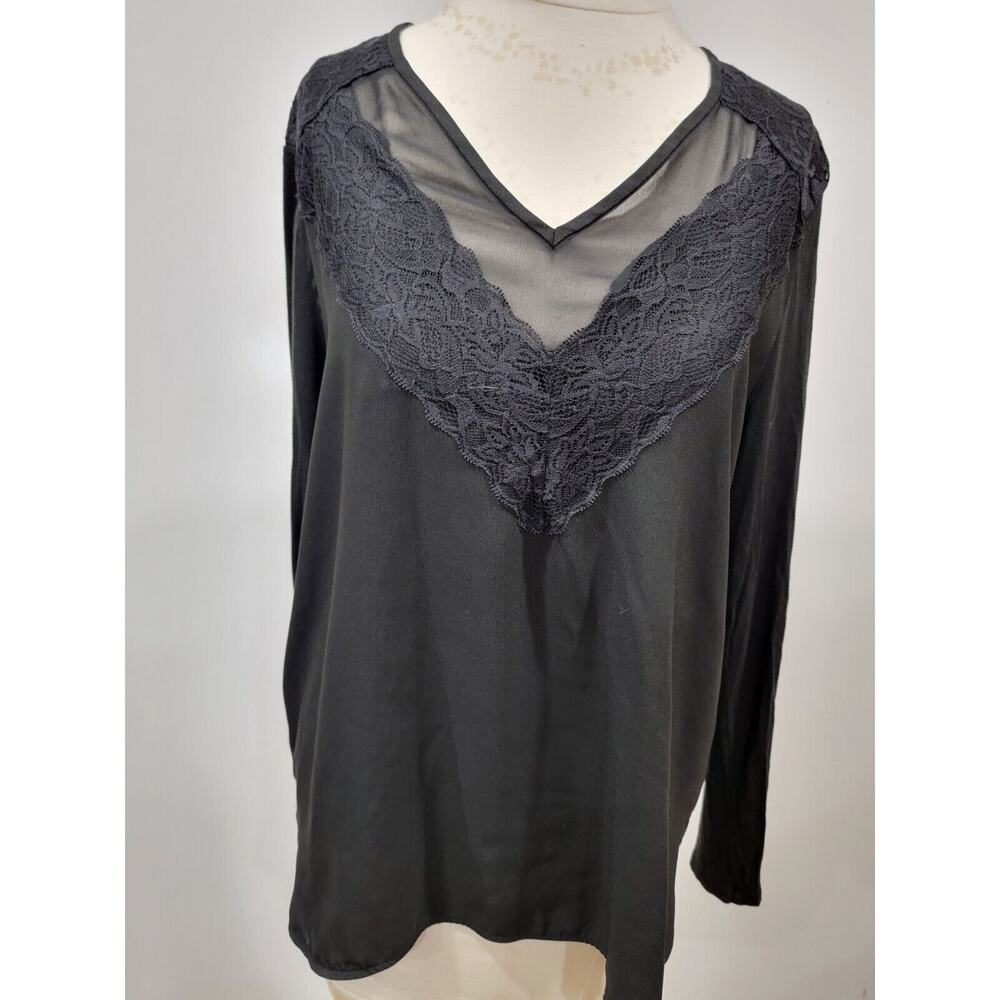 Ann Taylor Black Lace Sheer Vneck Long Sleeve Blouse Keyhole Back Size Large